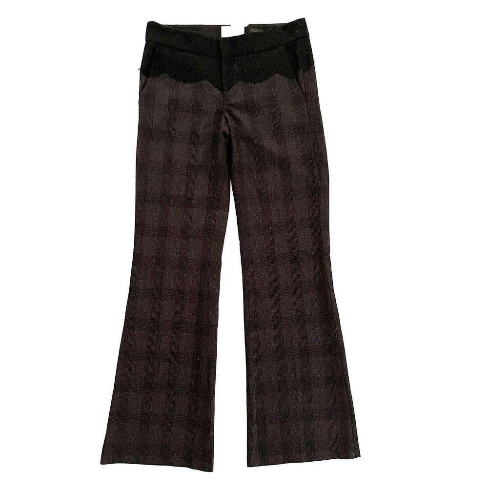 Anthropologie Elevenses The Brighton Flare Pants 4 Plaid Waist Lace Detail